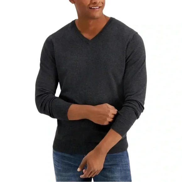 Alfani Other - Alfani Solid Table Cotton Blend Dark Grey V-Neck Classic Fit Mens Sweater